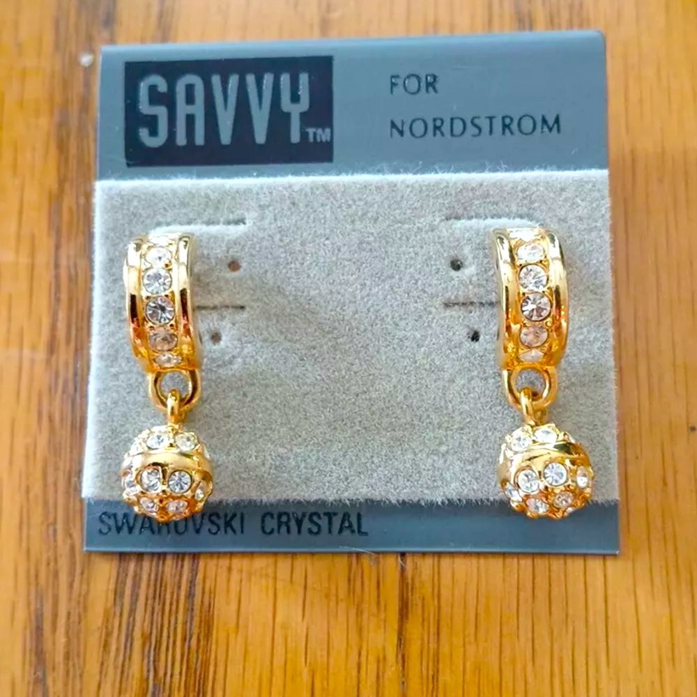 Swarovski crystal gold earrings half hoop design with a ball drop & pave